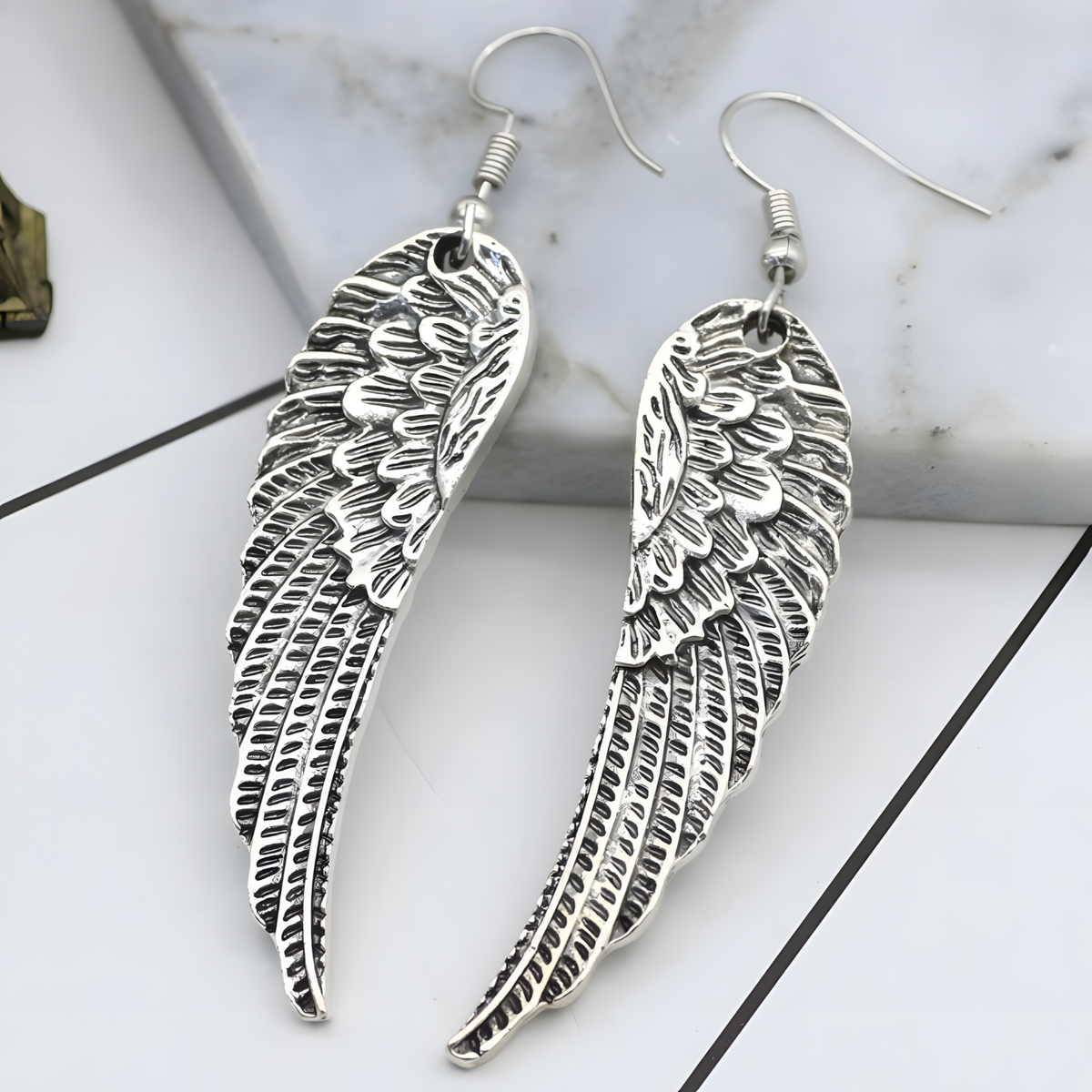Silver Tone Angel Wing Dangle Earrings Women Feathered Design Hook Earrings B53
