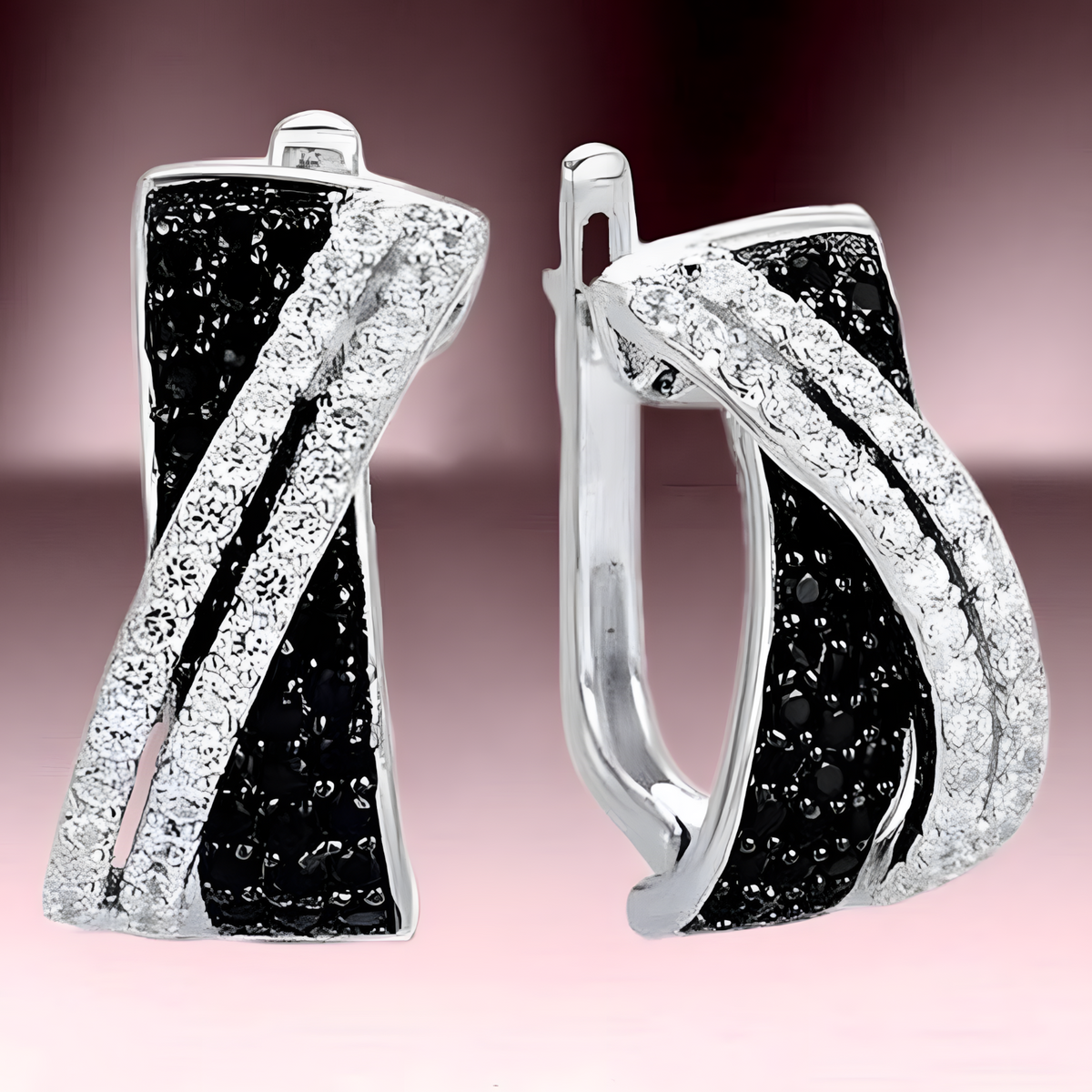 Sterling Silver Hoop Earrings for Women with Black and White Zirconia Stones 510