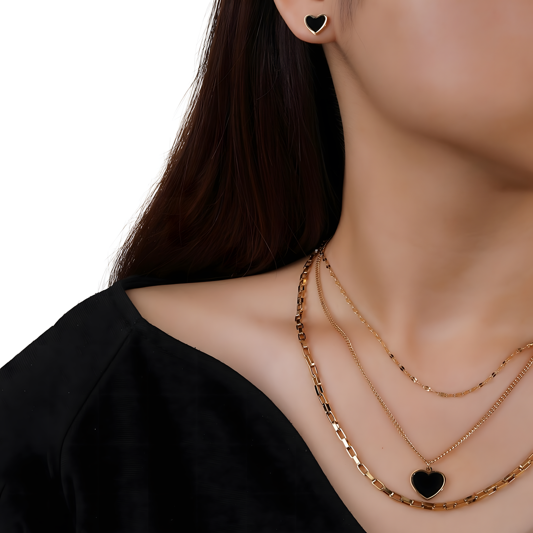 3PCS Stainless Steel Black Heart Necklace Earrings Set MultiLayer Gold Chain 718