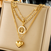 3 PCS Layered Gold Necklace Set Women Heart & Tree of Life Pendant & Earing 704