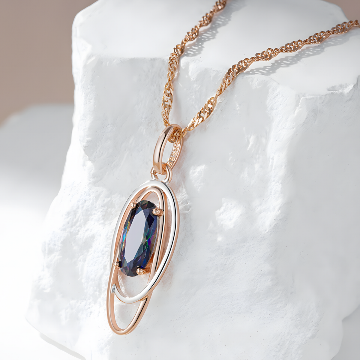 585 Rose Gold Color Oval Colorful Natural Zircon Pendant Necklace for Women 1274
