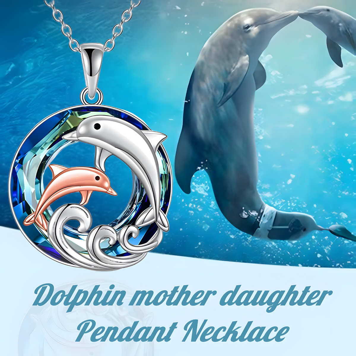 Dolphin Mother & Baby Pendant Necklace Women Zinc Alloy Animal Ocean Wave 1084