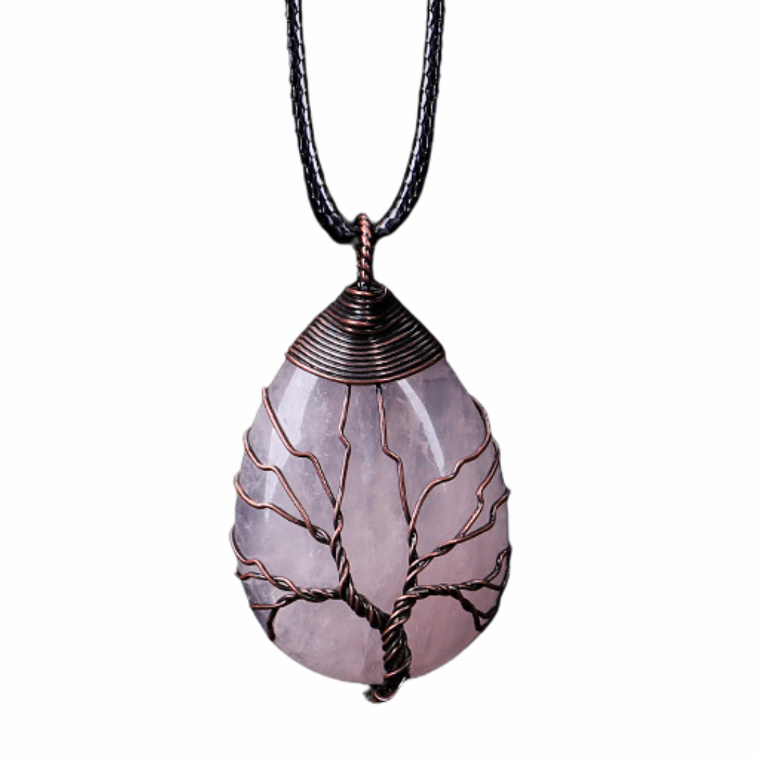Pink Crystal Tree Of Life Pendant Necklace Oval Pink Crystal Energy Healing 1349