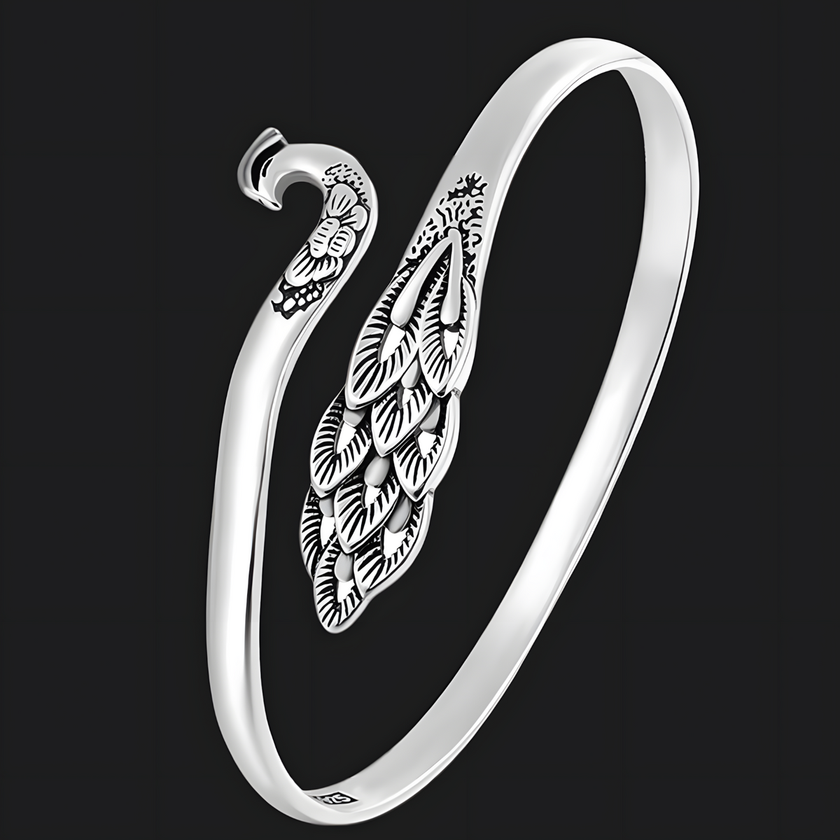 Adjustable Peacock Feather Cuff Bracelet Silver Tone Rhodium-Plated 13g 1442