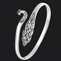 Adjustable Peacock Feather Cuff Bracelet Silver Tone Rhodium-Plated 13g 1442