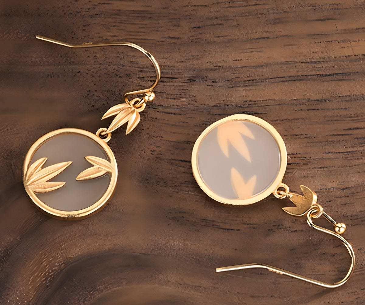 Gold Tone Bamboo Leaf Drop Earrings White Inlay Nature Inspired Dangle 32mm B18
