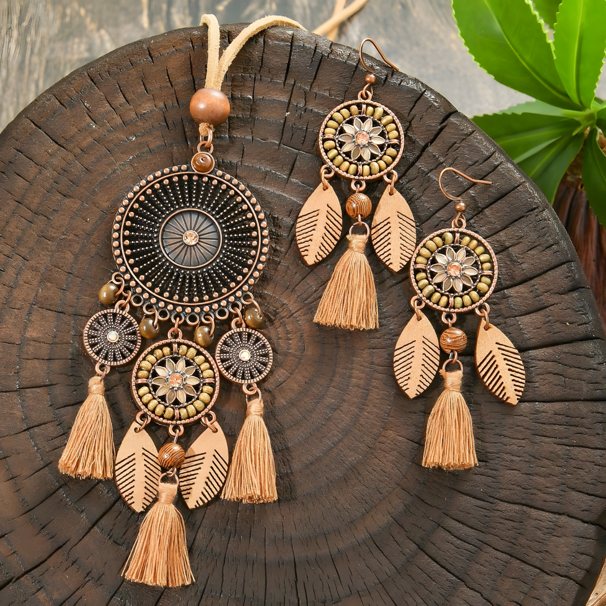Boho Tassel Jewellery Set For Women Brown Flower Medallion Pendant Necklace 1711