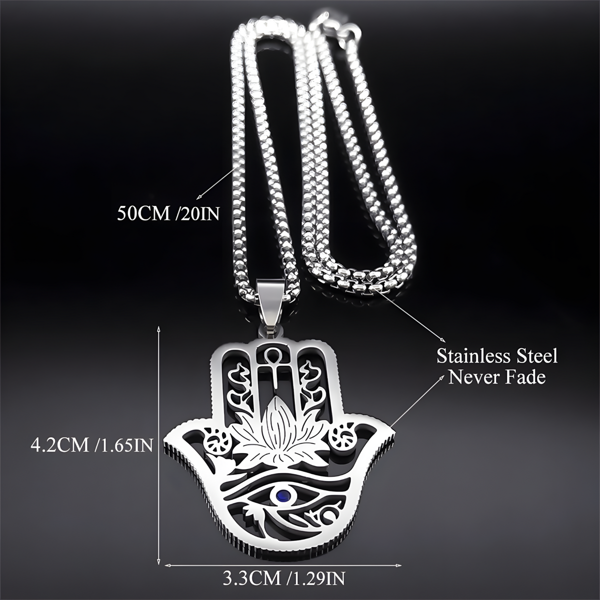 Hamsa Hand Lotus Necklace – Stainless Steel Eye Of Horus Pendant, Silver 1089