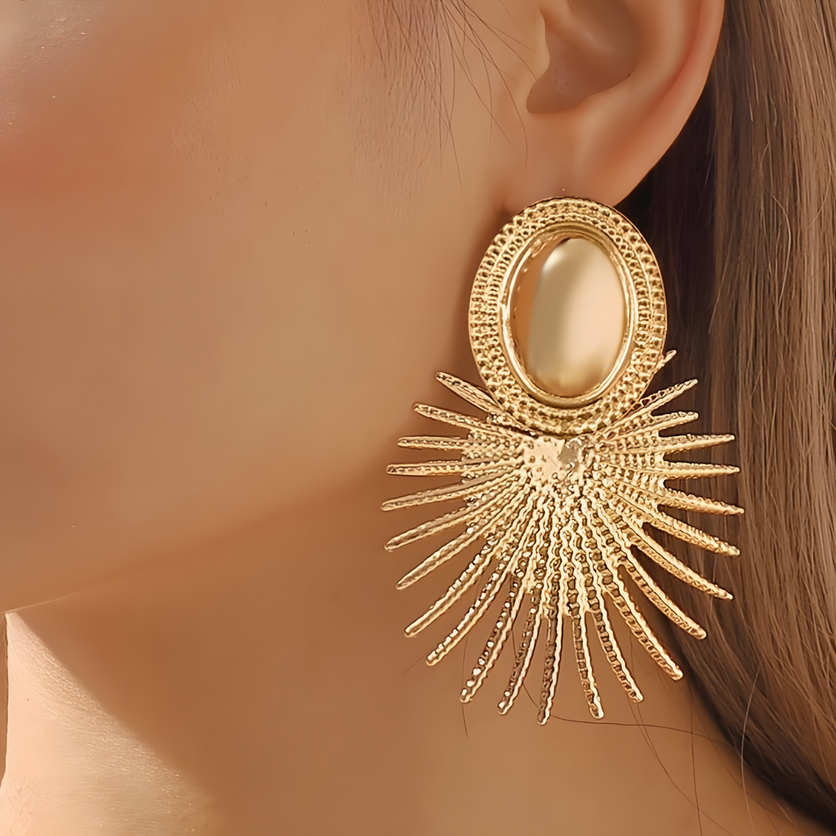 Vintage Gold Sunburst Clip-On Earrings Women – 8cm Irregular Oval Iron Alloy 780