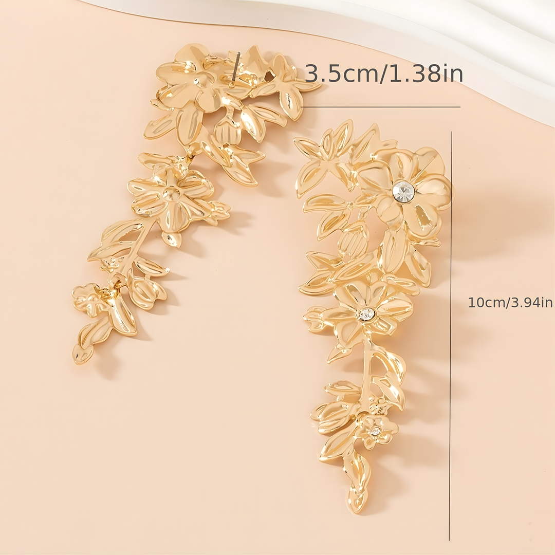 Floral Gold Long Drop Earrings for Women – Elegant 10cm Zinc Alloy Statement 766