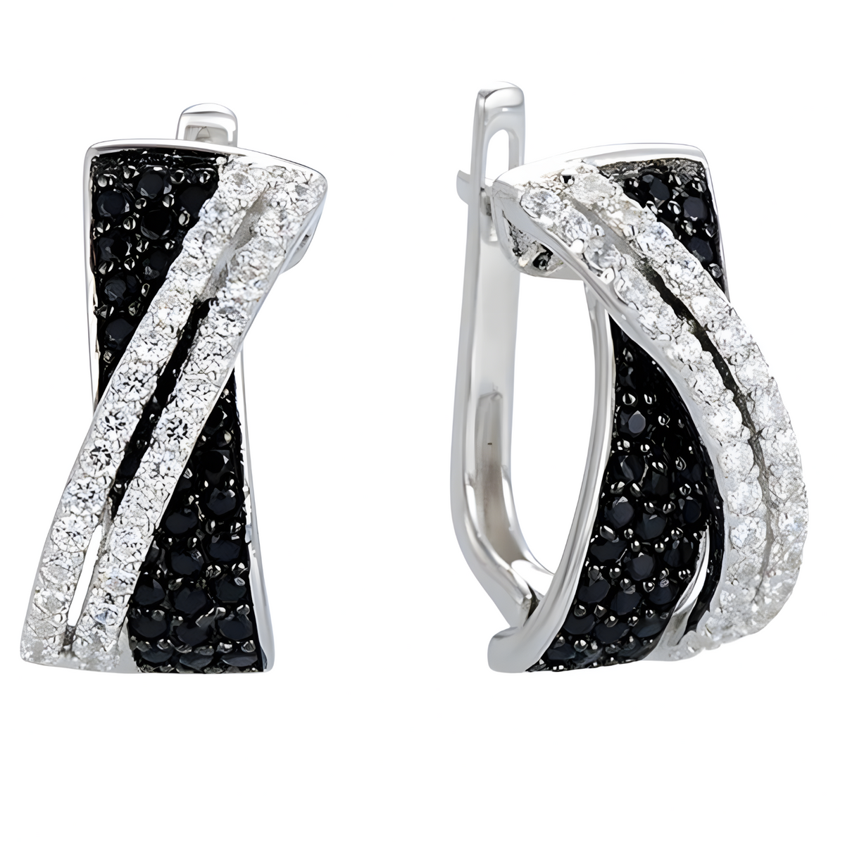 Sterling Silver Hoop Earrings for Women with Black and White Zirconia Stones 510