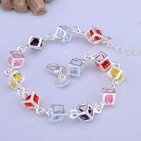 Silver Tone Cube Charm Bracelet with Colourful Rhinestone Crystals 417