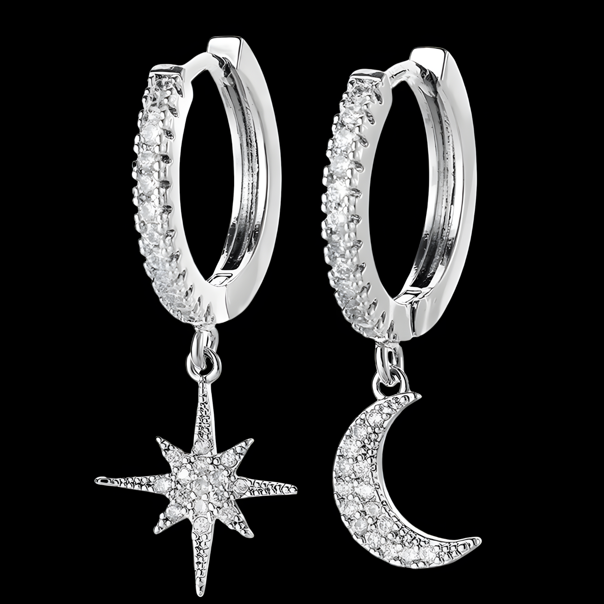 Asymmetric Celestial Hoop Earrings – Moon & Star Charms with Crystal Detail 1128