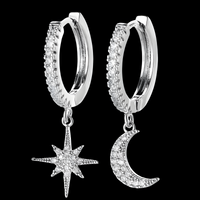 Asymmetric Celestial Hoop Earrings – Moon & Star Charms with Crystal Detail 1128