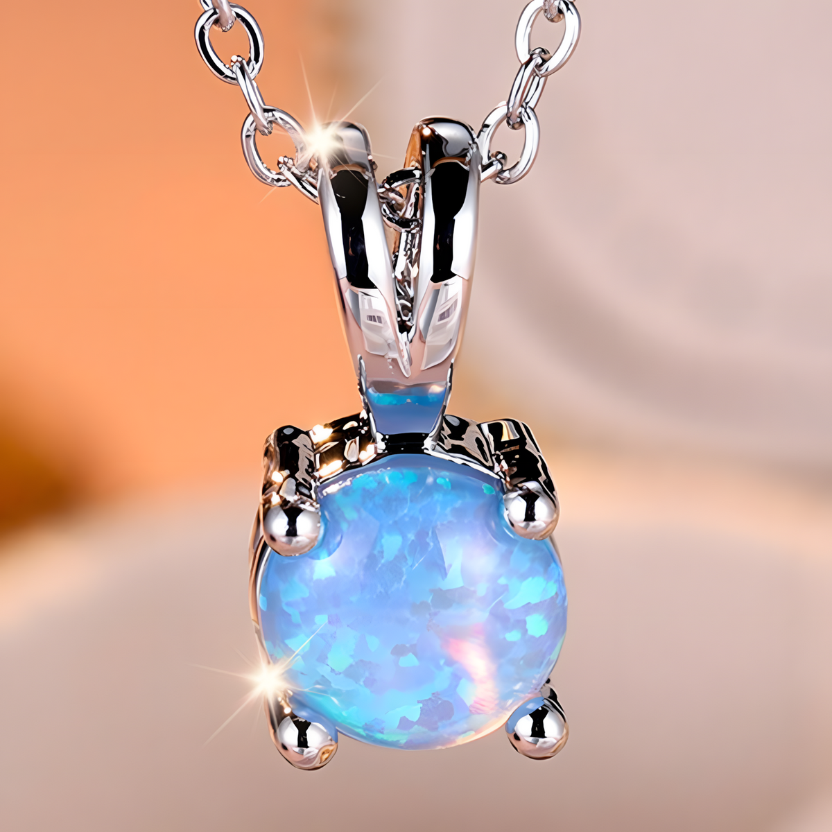 Blue Fire Opal Stone Pendant Necklace for Women | Cute Small Round Vintage B177
