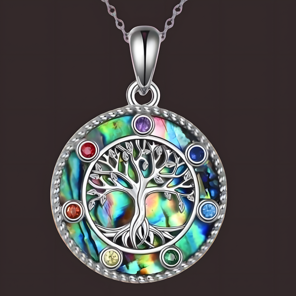 Exquisite Tree of Life Abalone Shel Necklace Sterling Silver Colorful Inlay B75