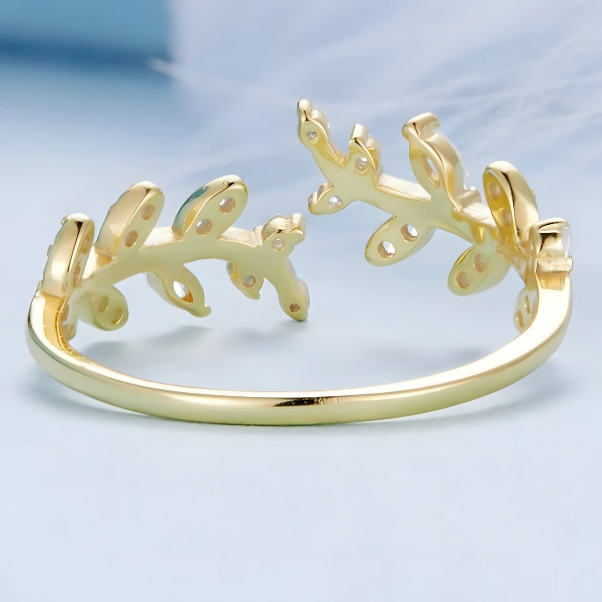 Sterling Silver Leaf Ring(Adjustable)Open Leaf Branch Ring with Cubic Zircon 392