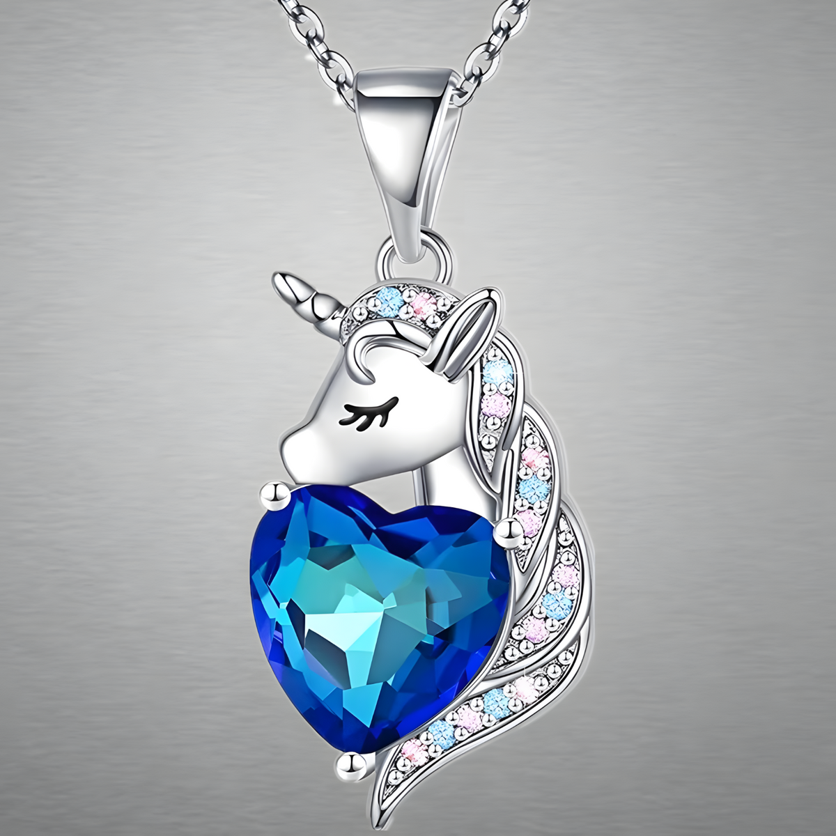 Unicorn Heart Crystal Pendant Necklace Women Zinc Alloy Chain, Artificial 1119