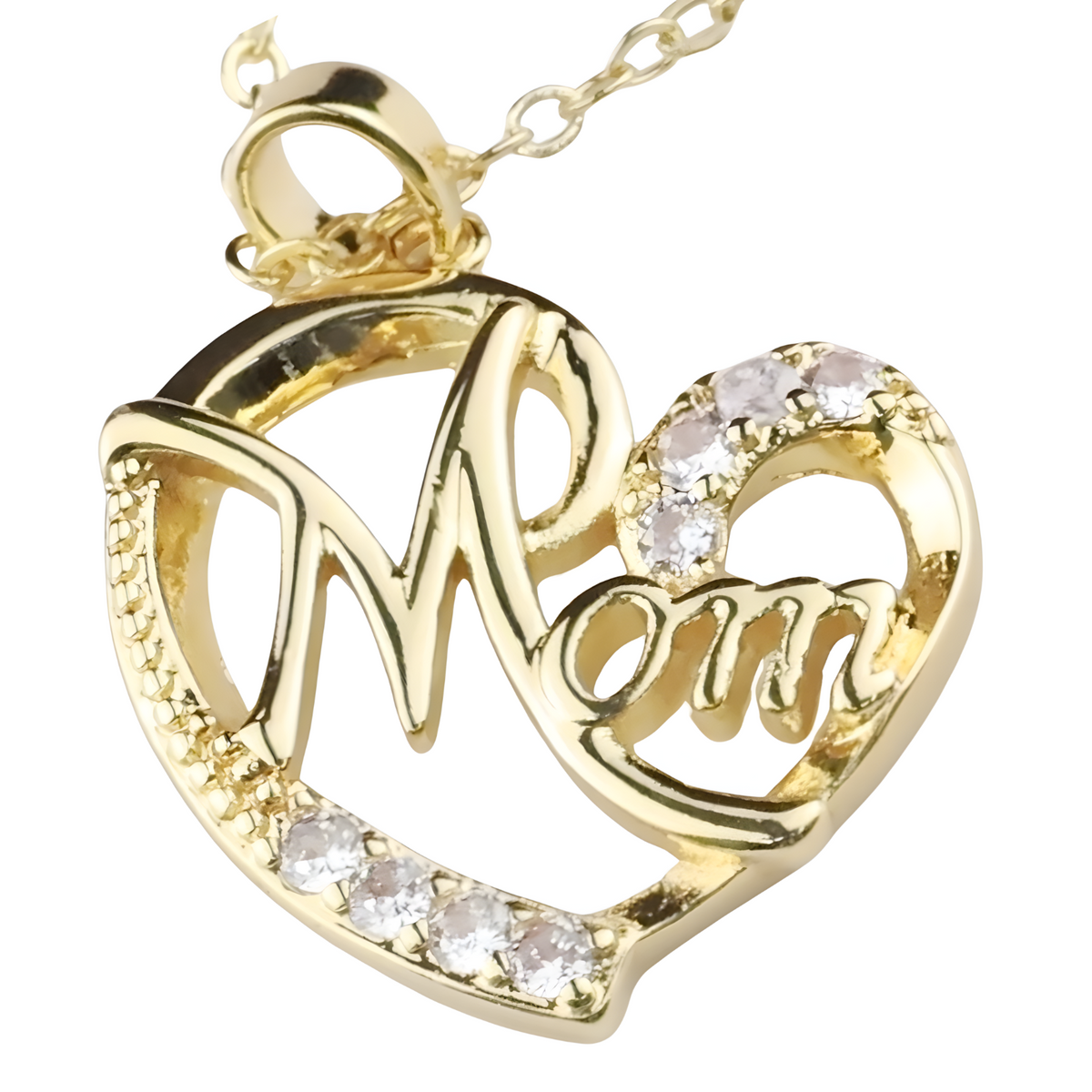 Mom Heart Pendant Necklace Gold Plated Link Chain Cubic Zirconia Romantic 1358