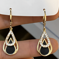 Gold Water Drop Dangle Earring Women–Zinc Alloy Teardrop Design Black Stone 1147