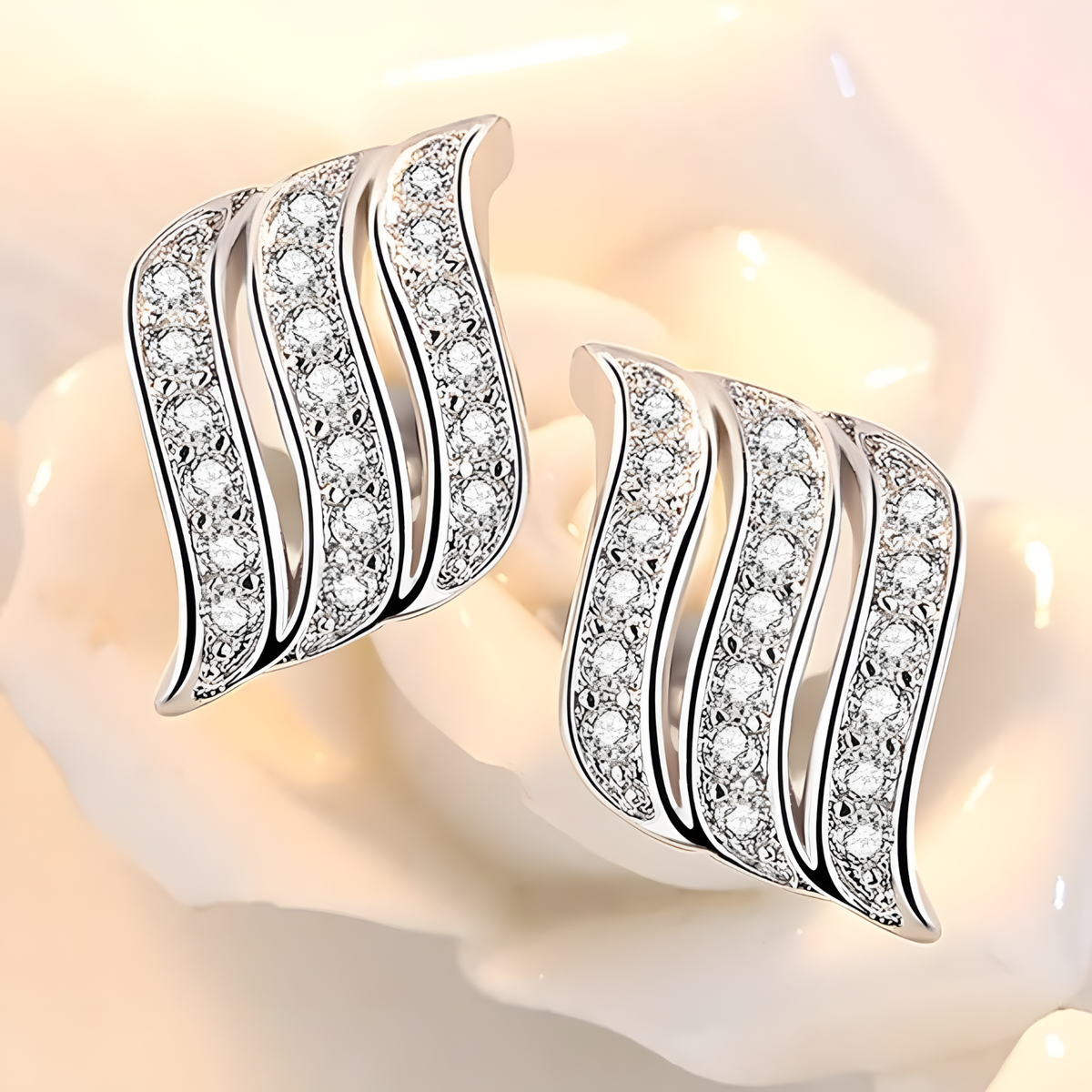 925 Sterling Silver Wave Design Earrings for Women – Sparkling Crystal Studs 311
