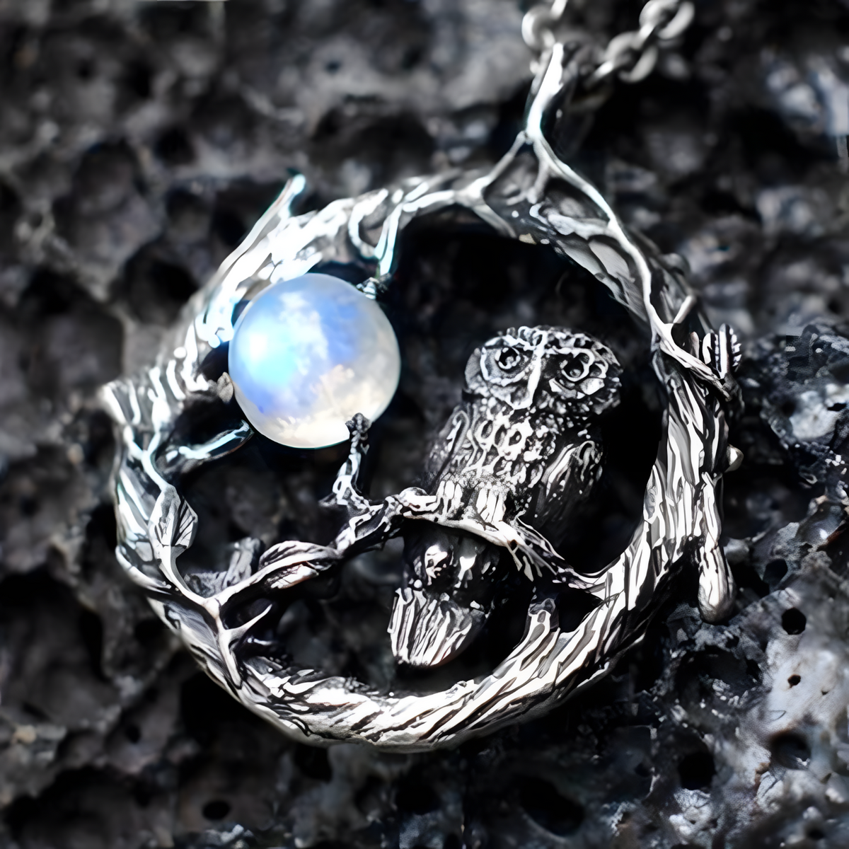 Zinc Alloy Natural Stone Owl Necklace for Women – Silver Tone Crescent Moon 1091