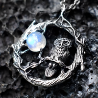 Zinc Alloy Natural Stone Owl Necklace for Women – Silver Tone Crescent Moon 1091
