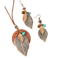 Boho Vintage Leaf Jewellery Set For Women, Layered Round Pendant Necklace 1704