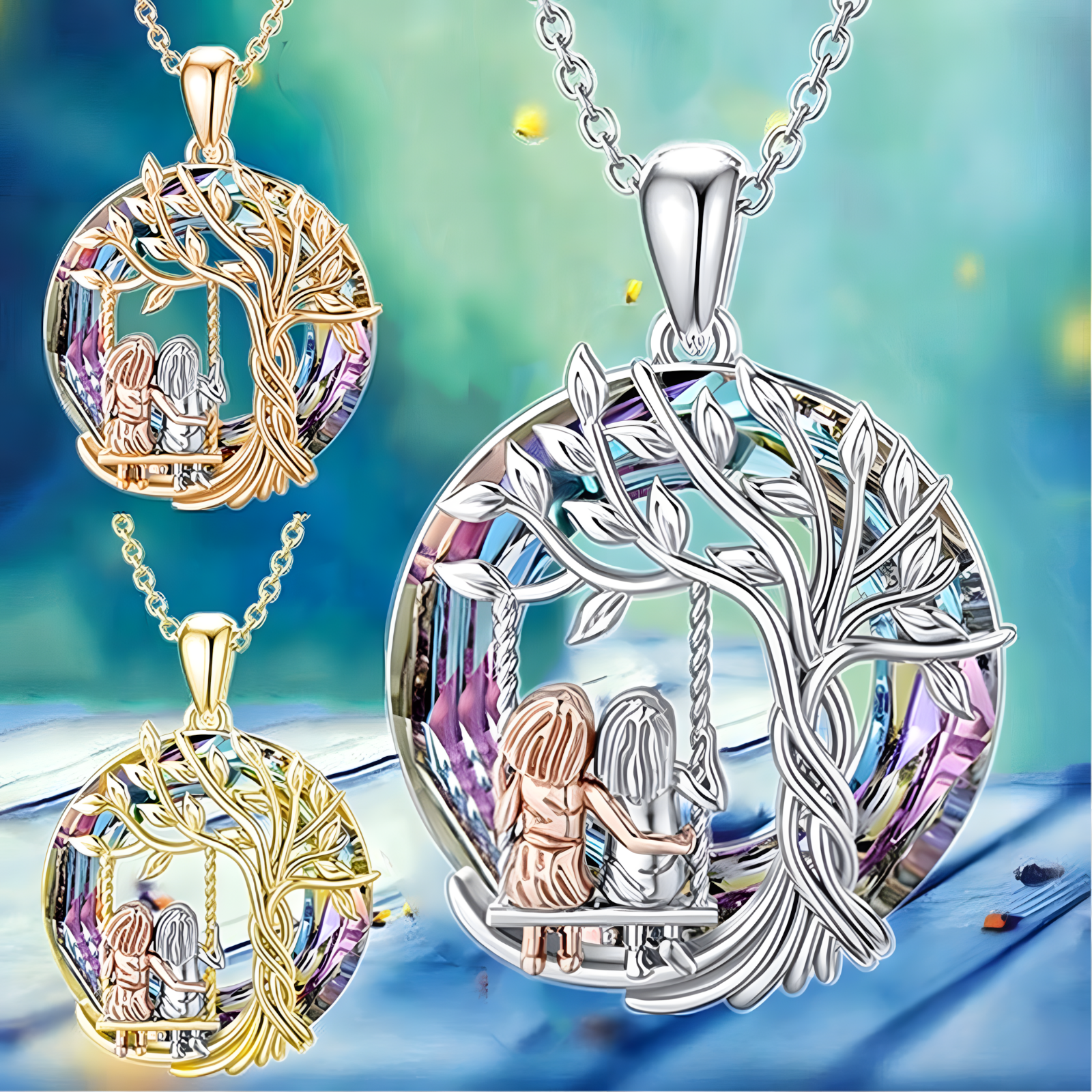 Unified Jewellery Tree of Life Sisters Swing Necklace Crystal Silver Tone B61