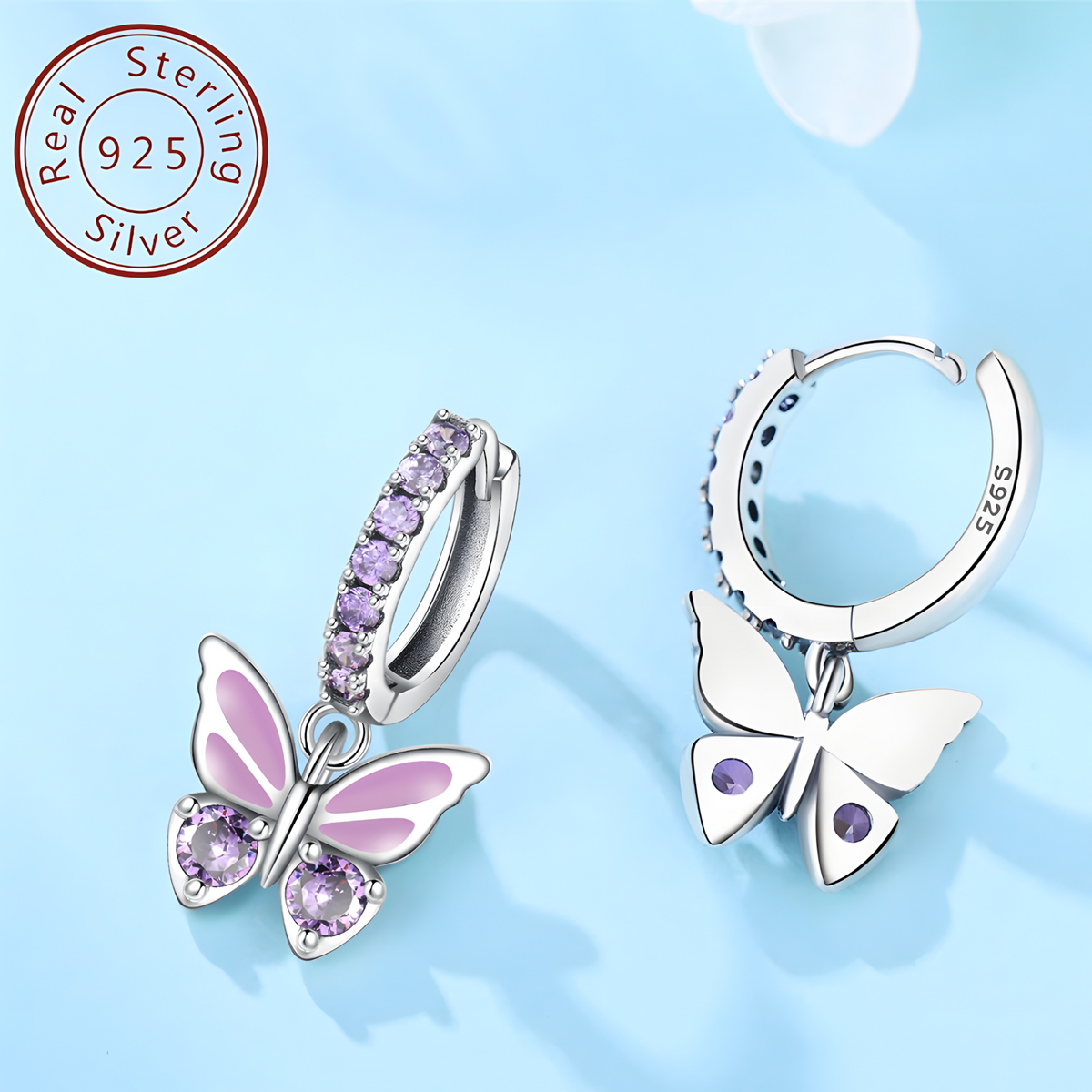 Sterling Silver Butterfly Dangle Earrings for Women 925 Silver Purple Zircon 845