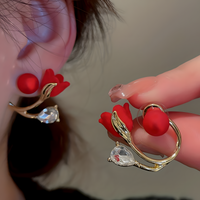 Red Rose Flower Stud Earrings for Women – Gold-Tone Crystal Plant Design 817