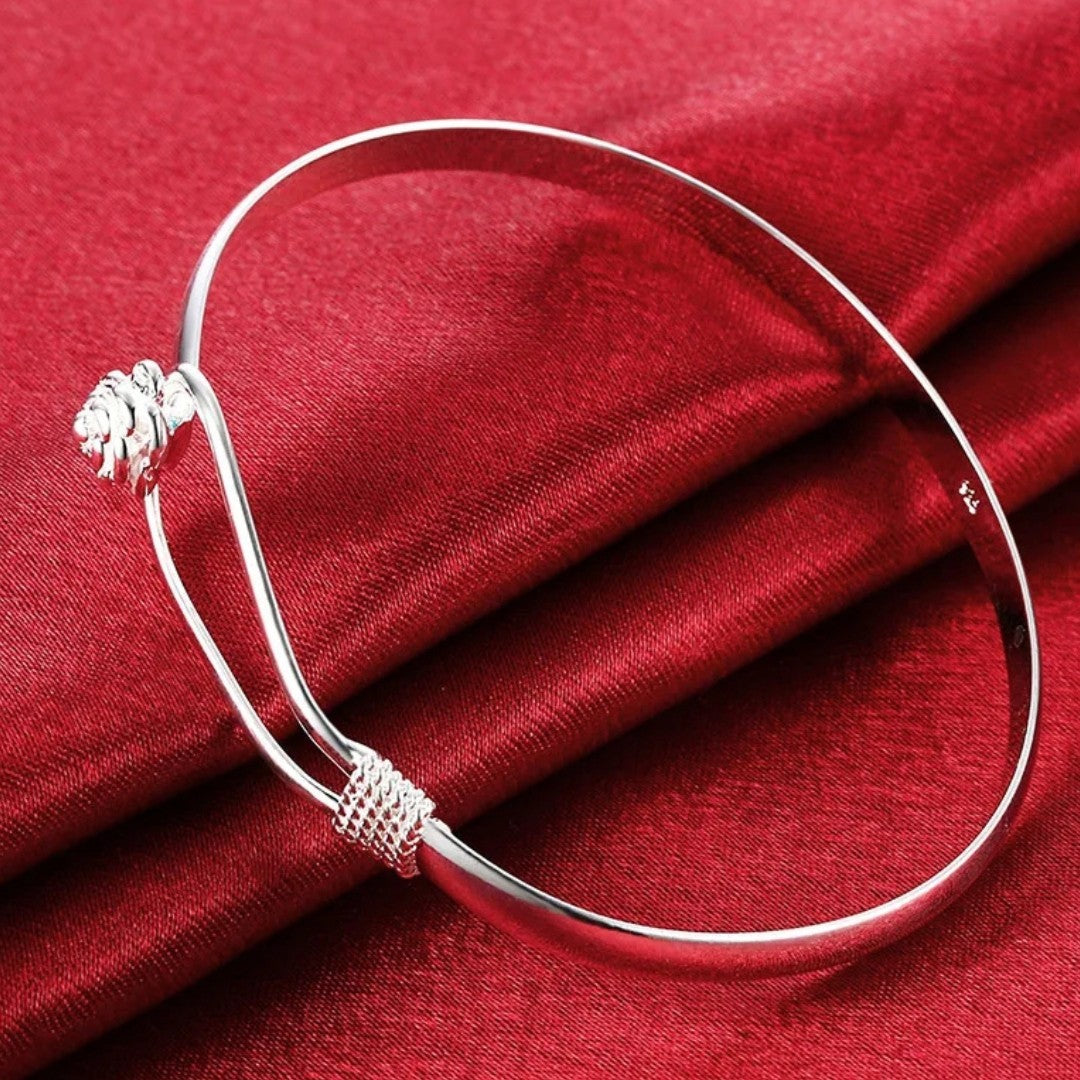 Women's Silver Bangle Bracelet with Rose Flower & Twist Knot Detail 418