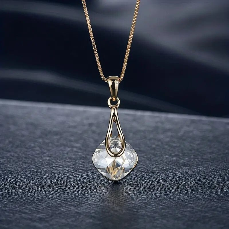 Inlaid Square Shape Crystal Jewelry Set With Pendant Necklace & Drop Earrings 94