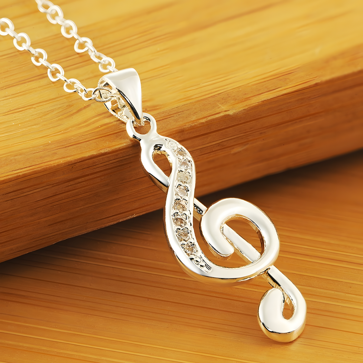 Silver Plated Alloy Musical Note Pendant Necklace Women Crystal-Accented 1415