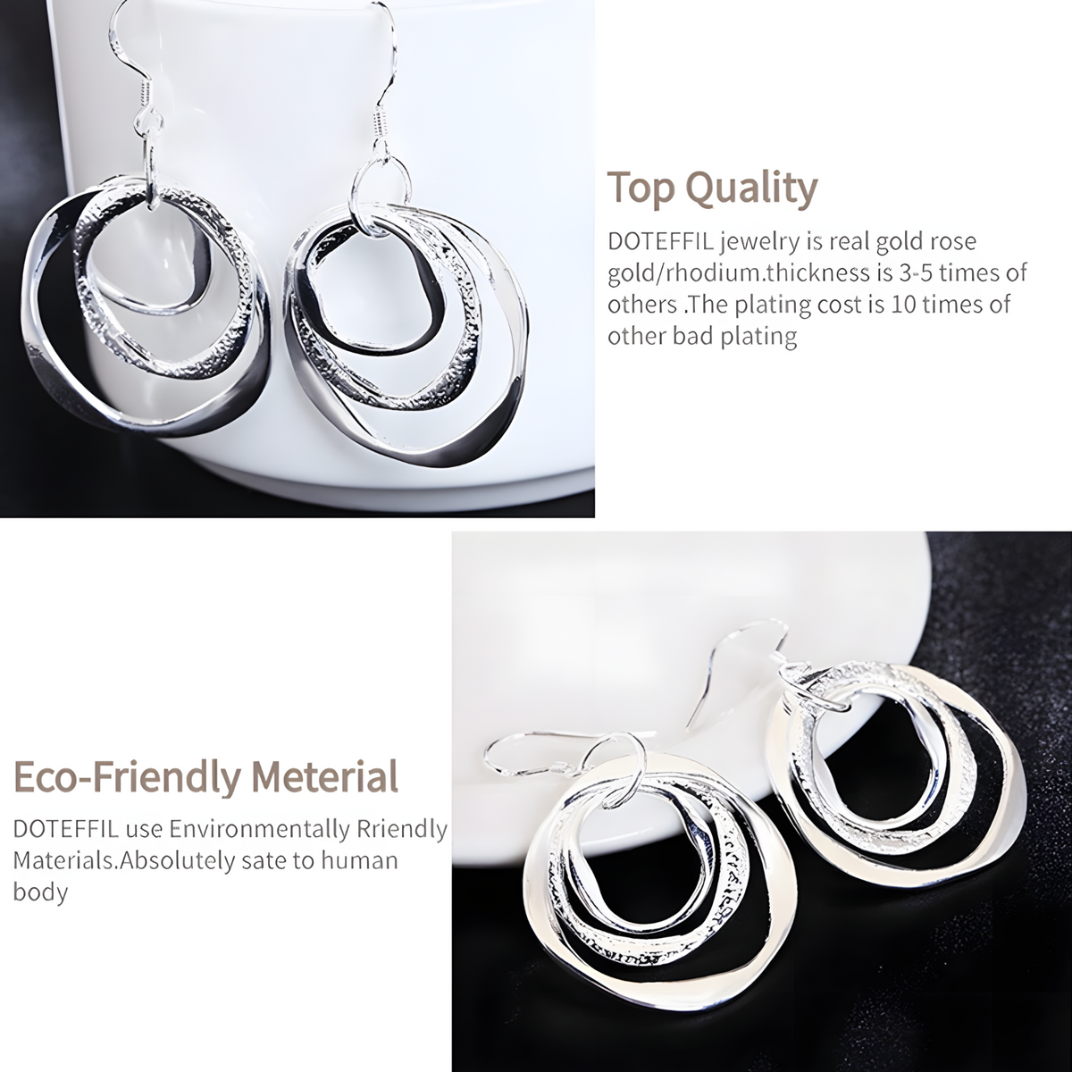 925 Sterling Silver Three Circle Drop Earrings - Elegant Modern Design B20