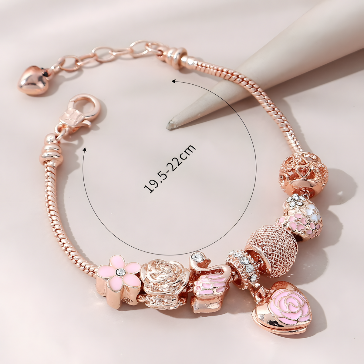 Rose Gold Tone Heart Flower Charm Bracelet Adjustable 19.5-22cm Trendy 1735
