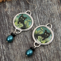 Black Cat Drop Earrings For Women Rhodium-Plated Base Metal Round Cat Motif 1461