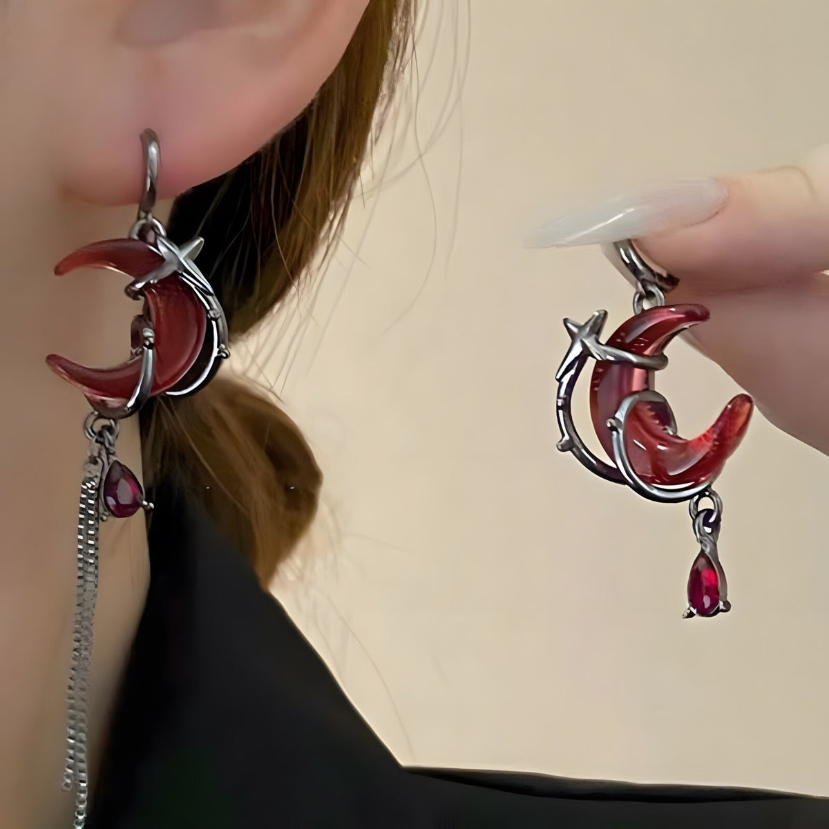 Gothic Red Moon Drop Earrings for Women – Neo-Gothic Asymmetrical Design B50