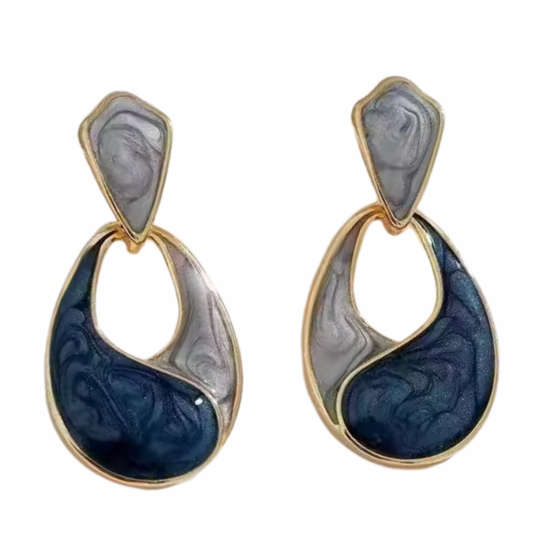 Multi Colour Marbled Teardrop Dangle Earrings — Navy & Grey Swirl Inlay 1383