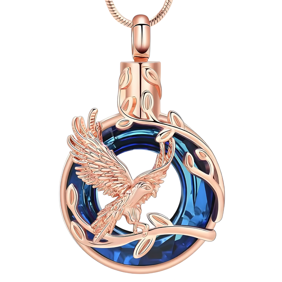 Rose Gold Phoenix Urn Necklace for Ashes Blue Crystal Memorial Pendant B204