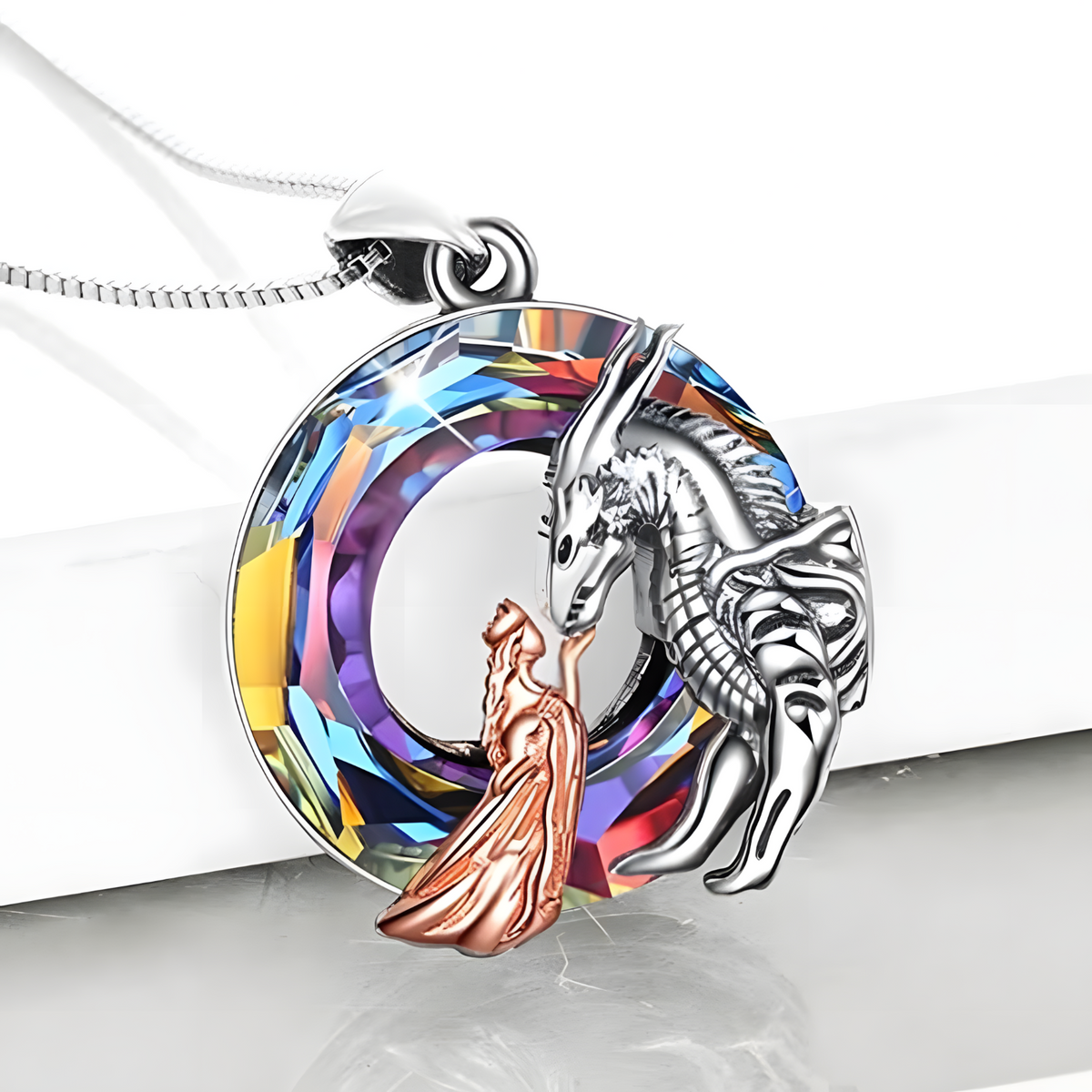 Unified Jewellery Dragon & Queen Crystal Pendant Necklace Silver Tone B58