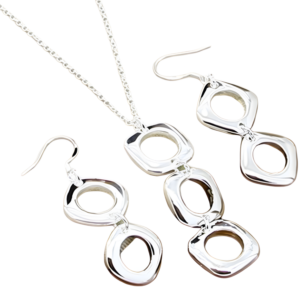 Silver Plated Geometric Necklace, Earrings Set Copper Alloy Silver Plating 1209
