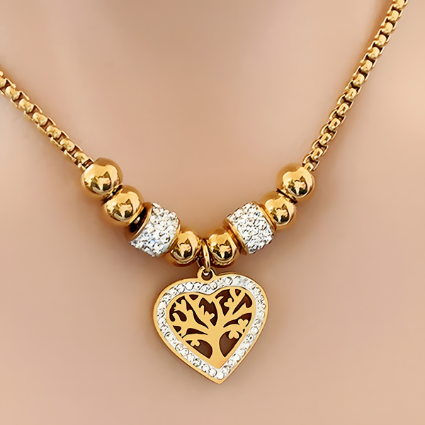 316L Stainless Steel Heart Tree of Life Pendant Necklace Trendy Gold  Chain 1077