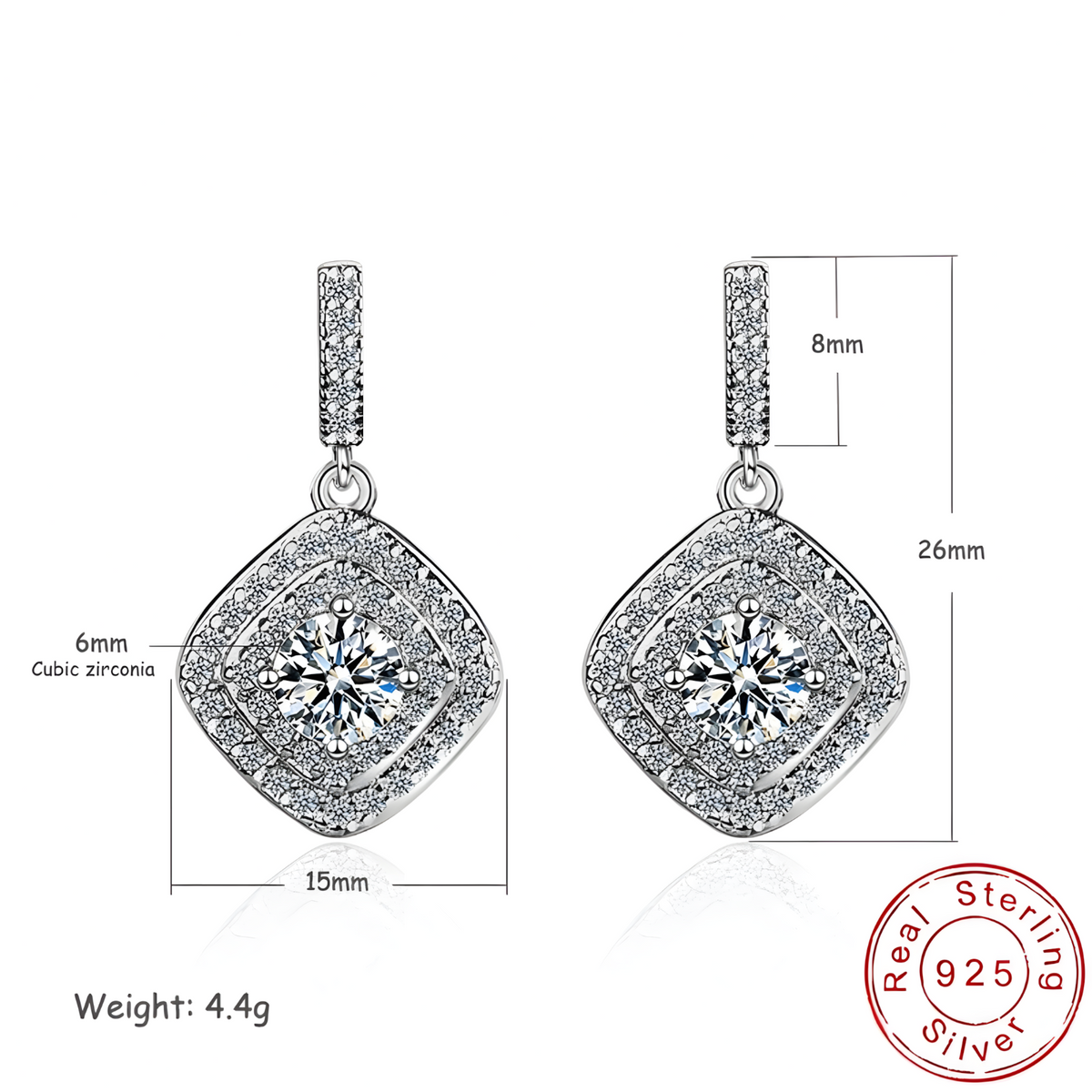 925 Sterling Silver Cubic Zirconia Drop Earrings, Double Halo Square Design 306