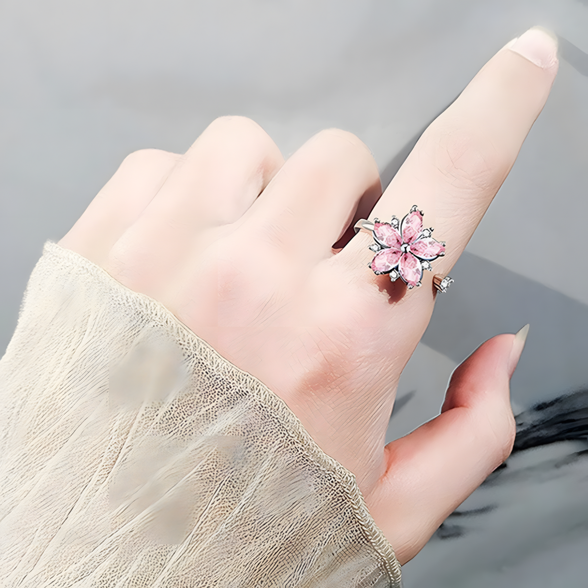 925 Sterling Silver Pink Zircon Rotatable Flower Adjustable Ring Spinning 365