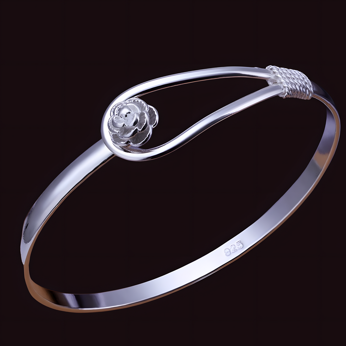 925 Silver-Plated Flower Bangle Women Elegant Plant Design Bracelet, Copper 904