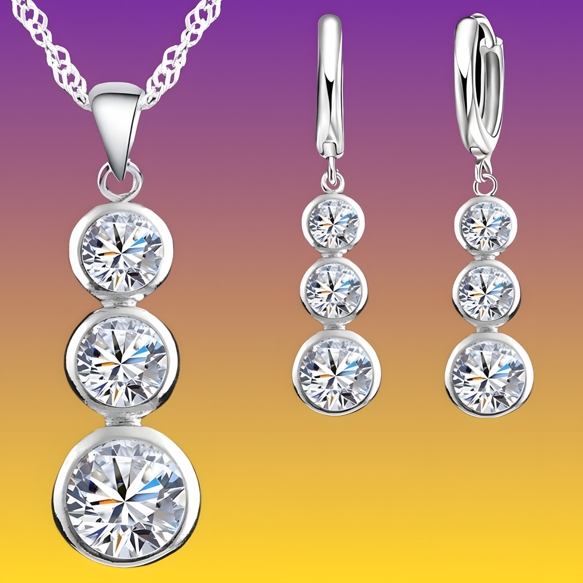 Cubic Zirconia Jewellery Set for Women – Silver-Plated Copper Alloy 3-Stone 1199