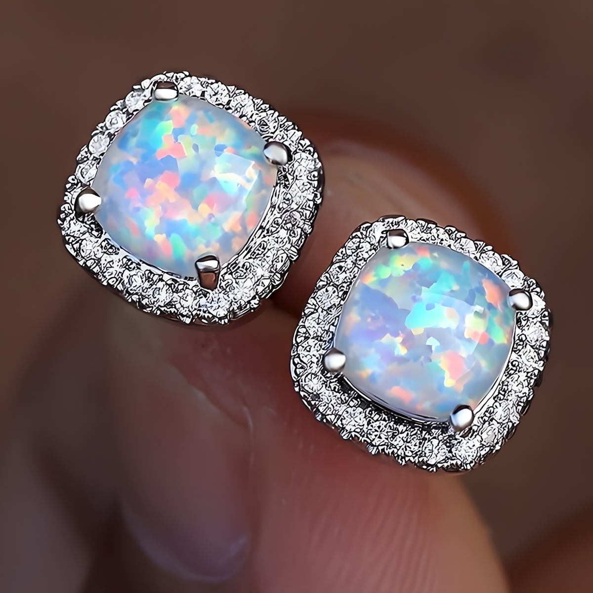 Silver Color Round Wedding Jewelry Stud Earrings with White Fire Opal Stone 601