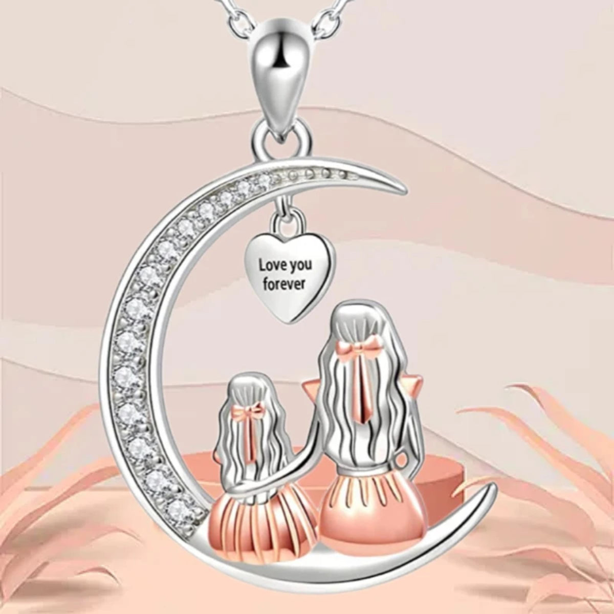 Crystal Moon Pendant Necklace for Women – Zinc Alloy Mother Daughter Heart 1126