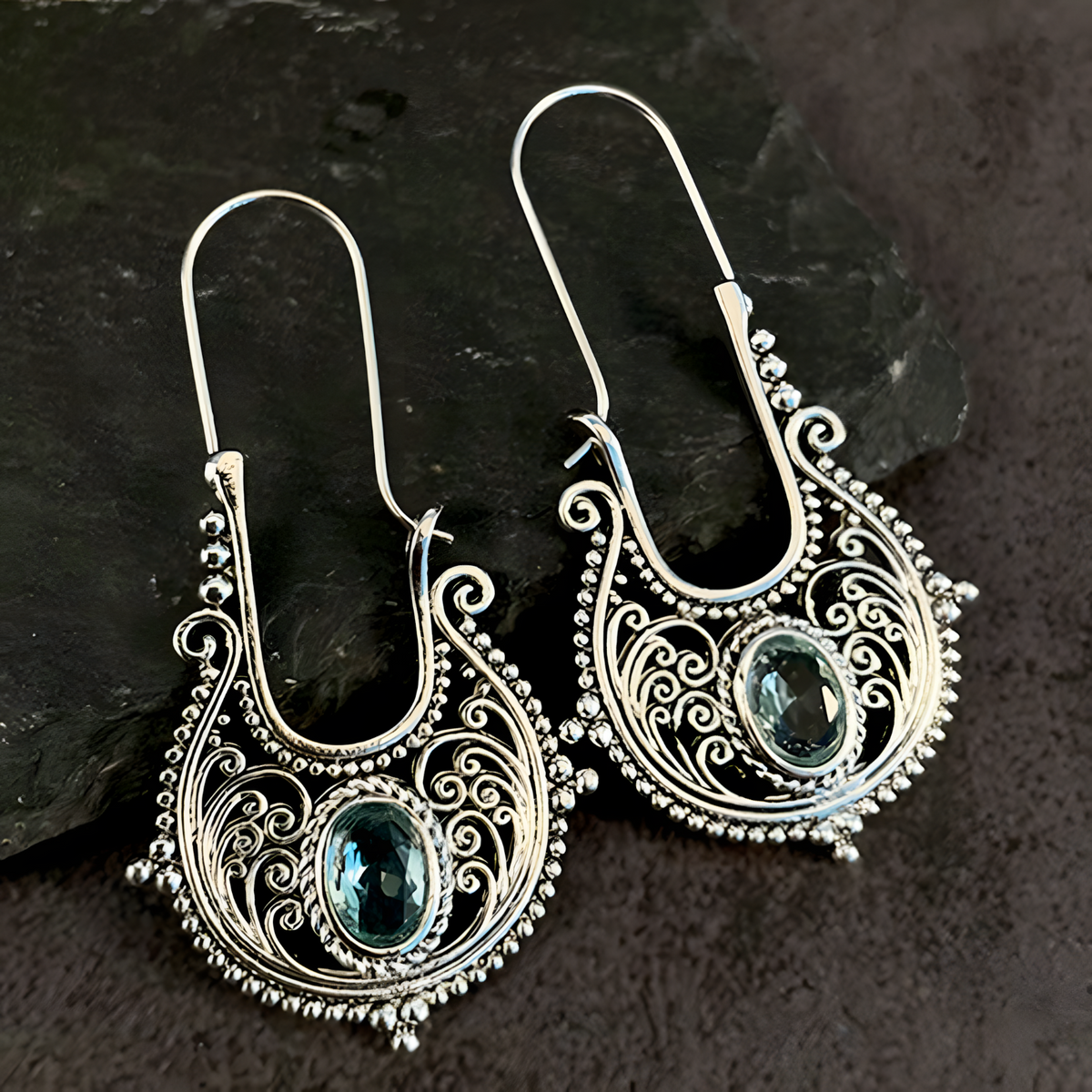 Bohemian Dangle Earrings For Women - Blue Oval Crystal 4.7cm x 2.6cm - 1437